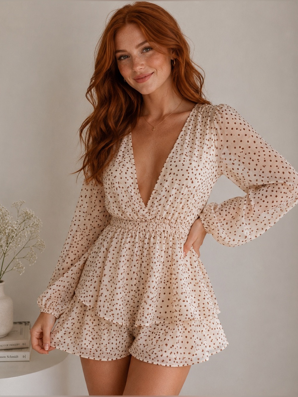 Princess Polly Beige Polka Dot Romper Size 6 Long Sleeve Ruffle Flowy